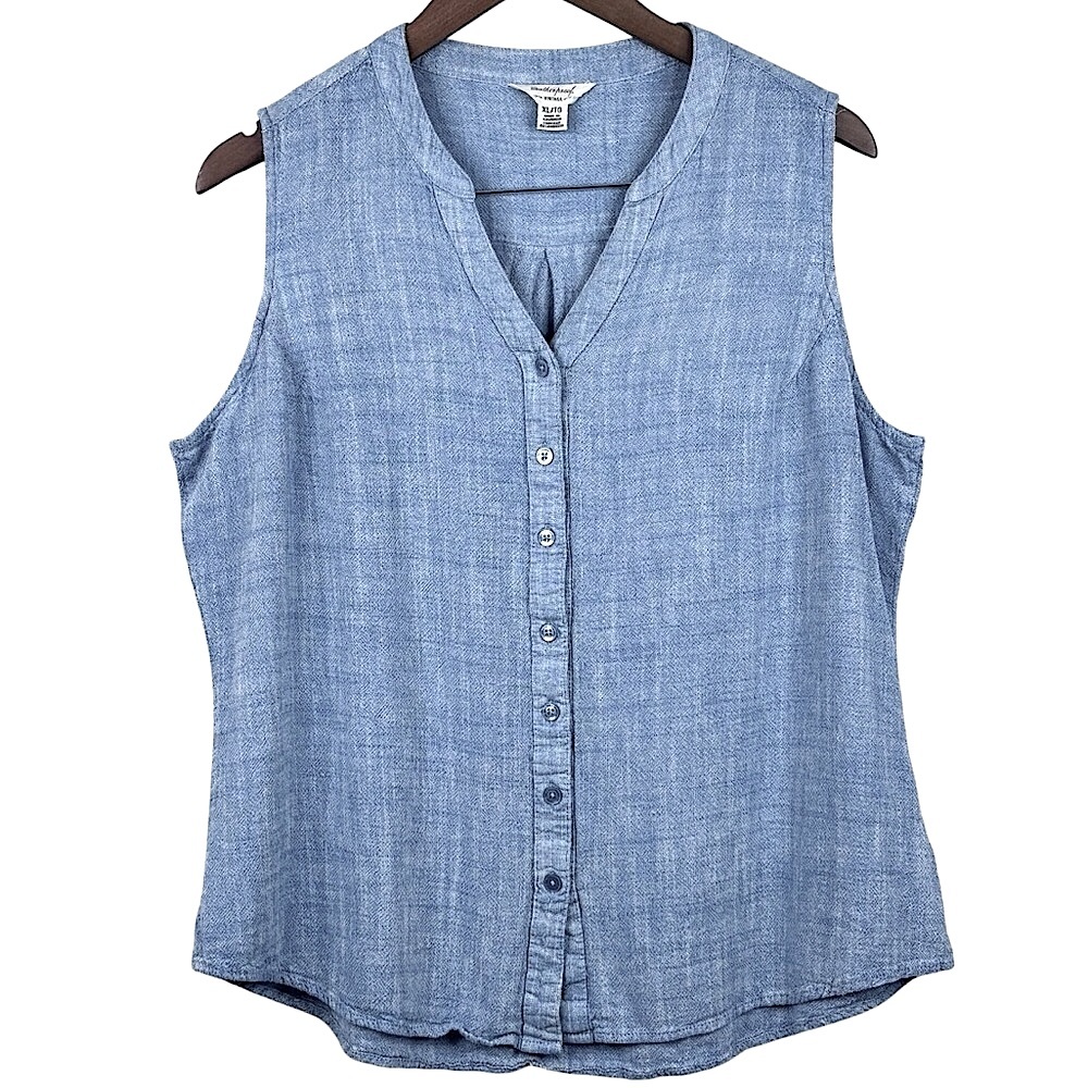 Weatherproof Vintage light Blue Linen Blend Sleeveless V-Neck Button Down Top L